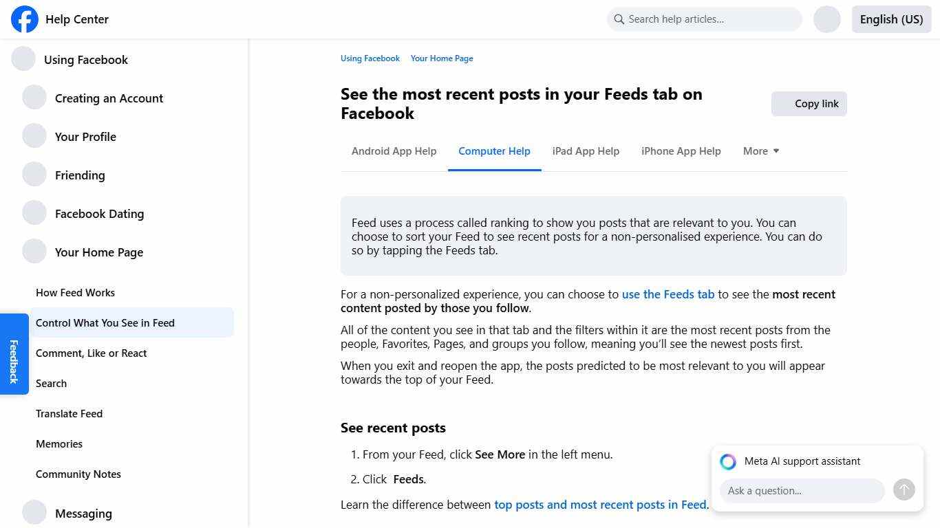 See the most recent posts in your Feeds tab on Facebook Facebook Help Center